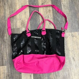Victoria's Secret Weekender Tote Bag Large Black Pink With Sequins Bling 23”long